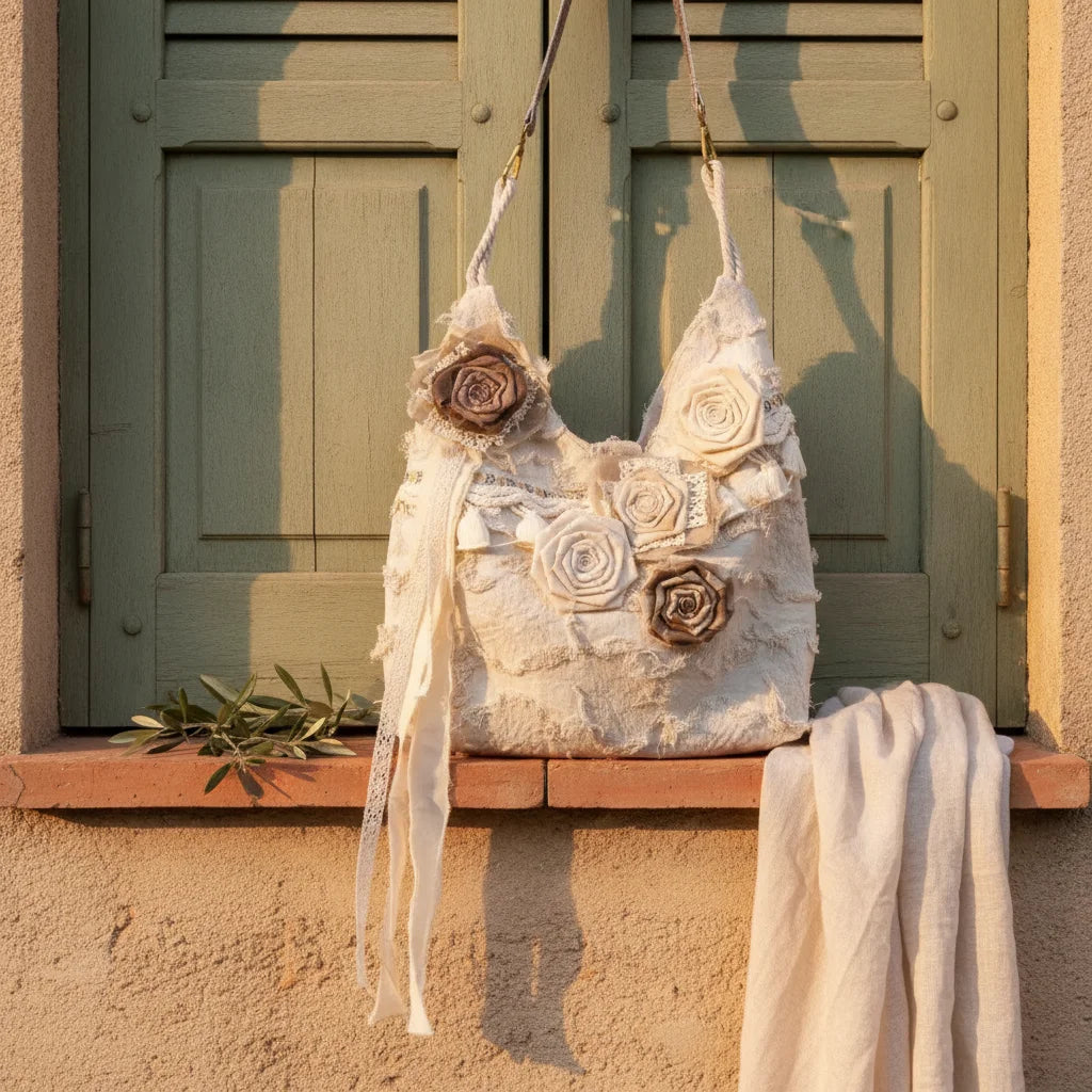 Cream cream fringe bag styled in a warm Mediterranean setting