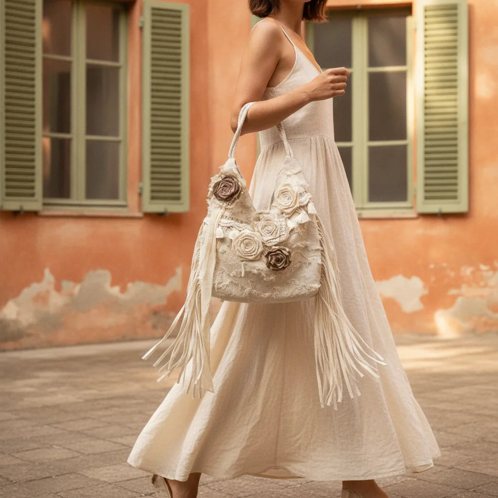 Woman wearing Cream cream fringe bag with swaying fringe