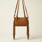 Back panel of Brown dark brown fringe bag with strap attachments