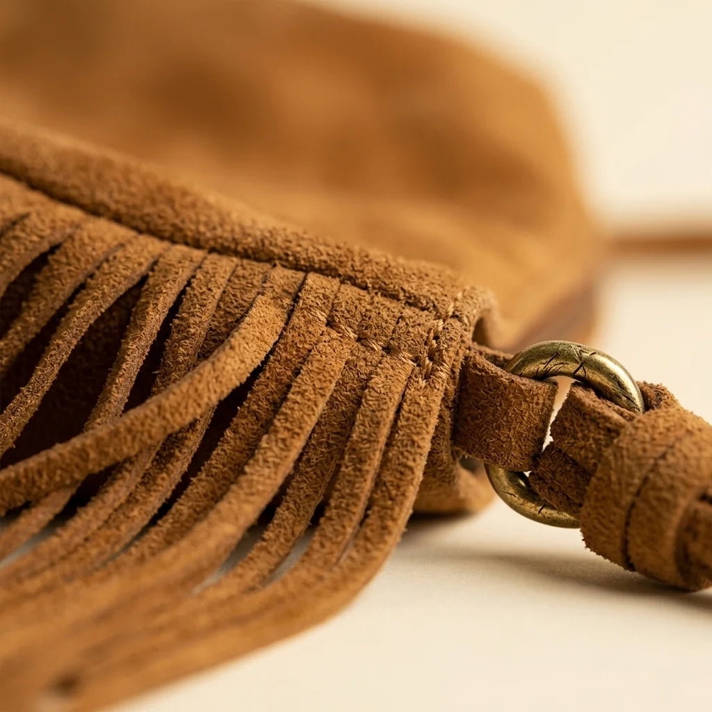 Close-up of fringe stitching and texture on Brown dark brown fringe bag