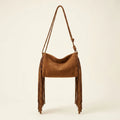 Brown dark brown fringe bag, front view