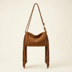Brown dark brown fringe bag, front view