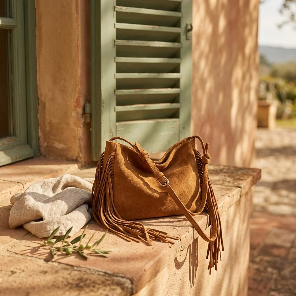 Brown dark brown fringe bag styled in a warm Mediterranean setting