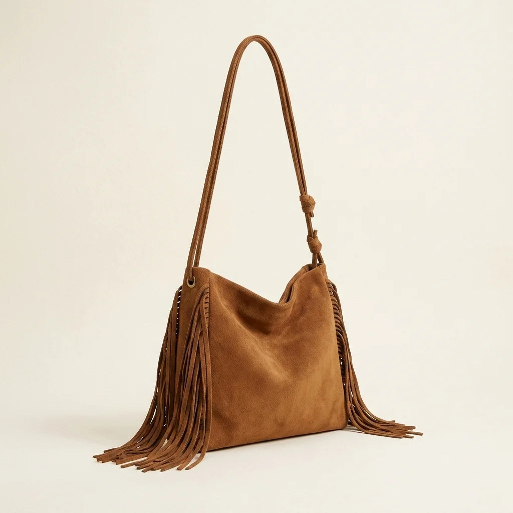 Brown dark brown fringe bag, three-quarter angle showing side depth
