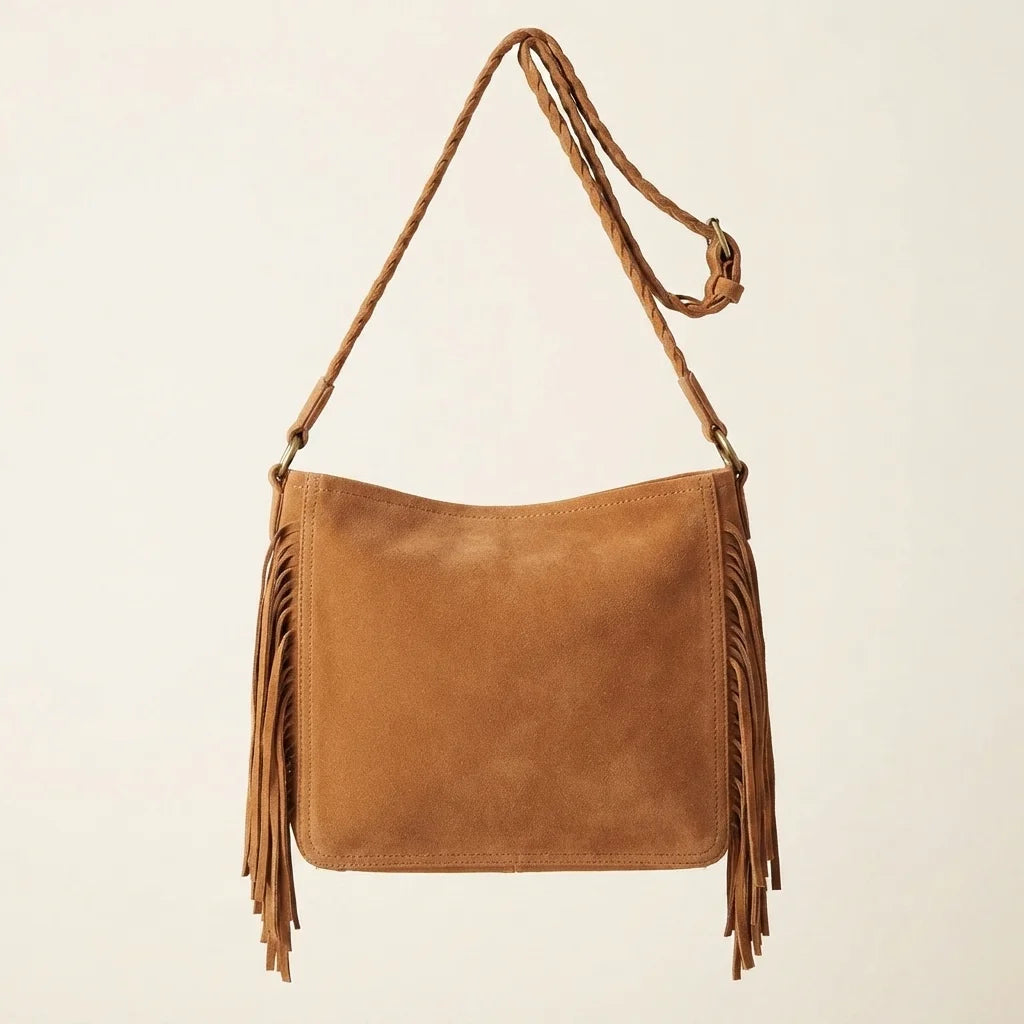 Back panel of camel suede fringe crossbody bag with strap attachments