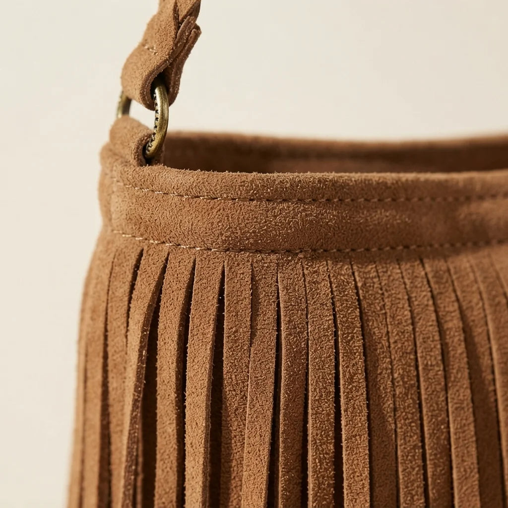 Close-up of fringe stitching and texture on camel suede fringe crossbody bag