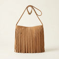 Camel suede fringe crossbody bag, front view