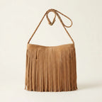 Camel suede fringe crossbody bag, front view