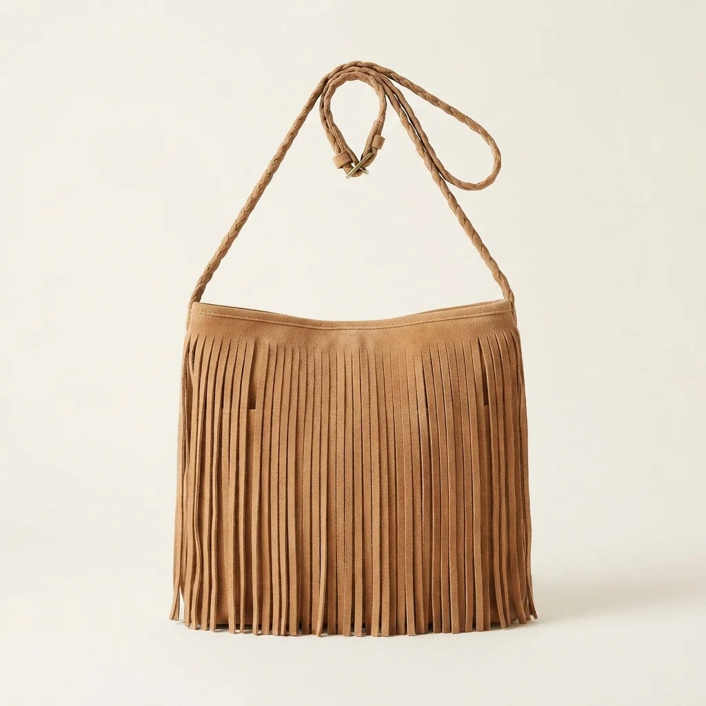 Camel suede fringe crossbody bag, front view