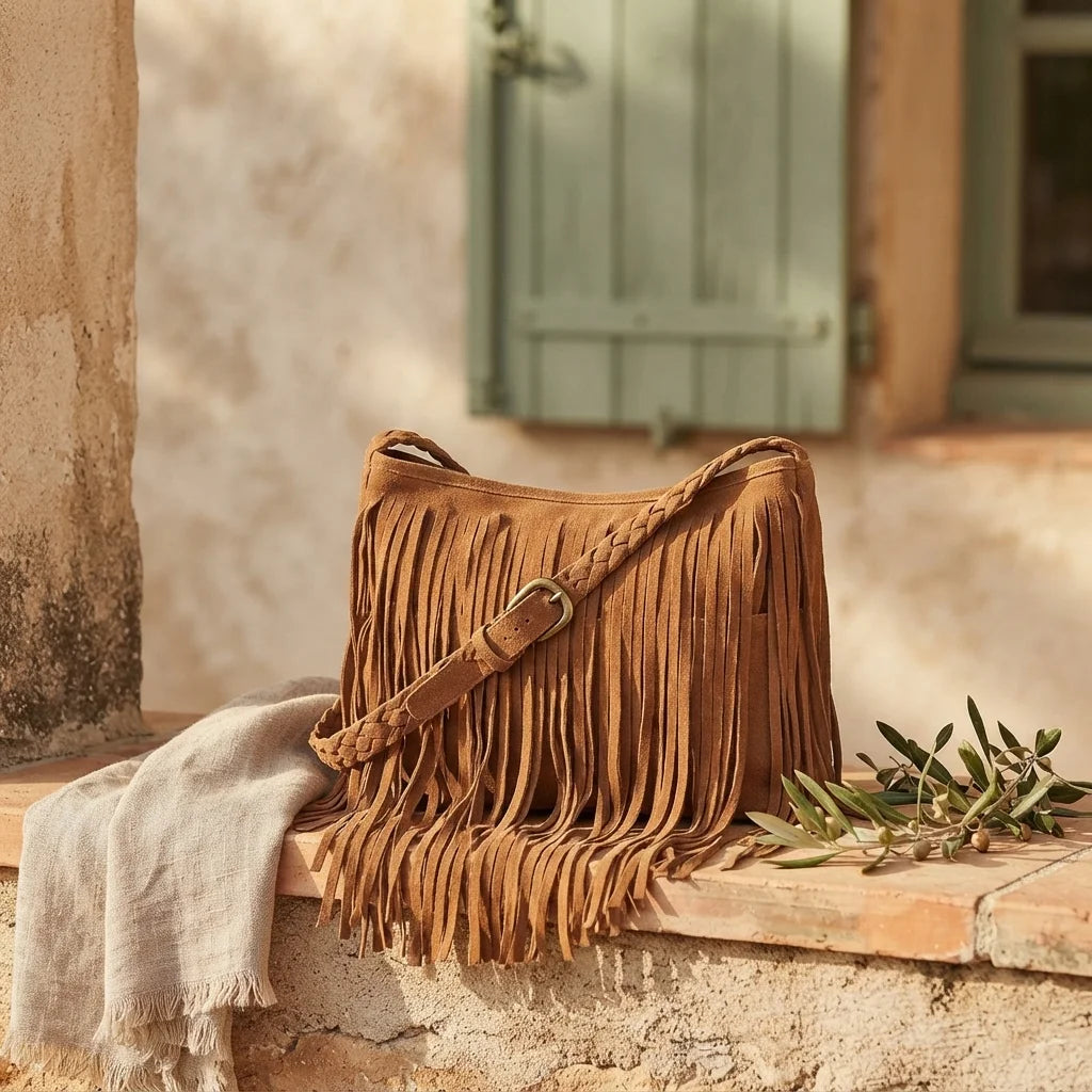 camel suede fringe crossbody bag styled in a warm Mediterranean setting