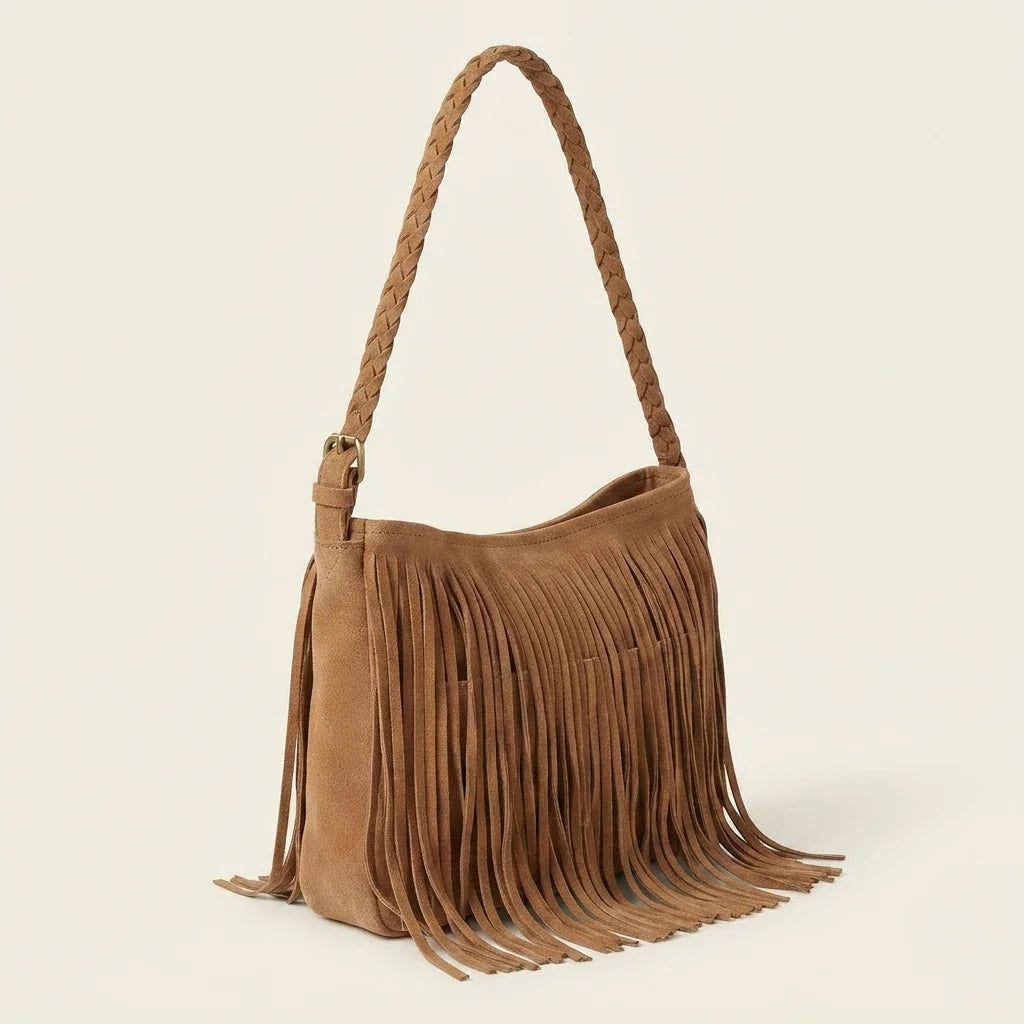 Camel suede fringe crossbody bag, three-quarter angle showing side depth