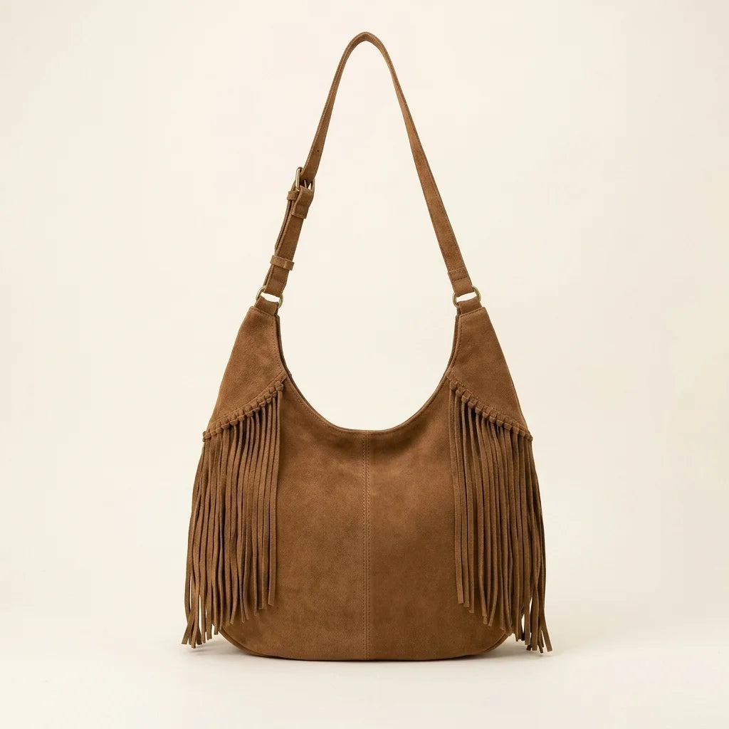 Back panel of Brown dark brown suede fringe bag with strap attachments