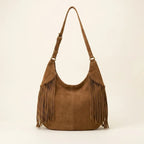 Back panel of Brown dark brown suede fringe bag with strap attachments