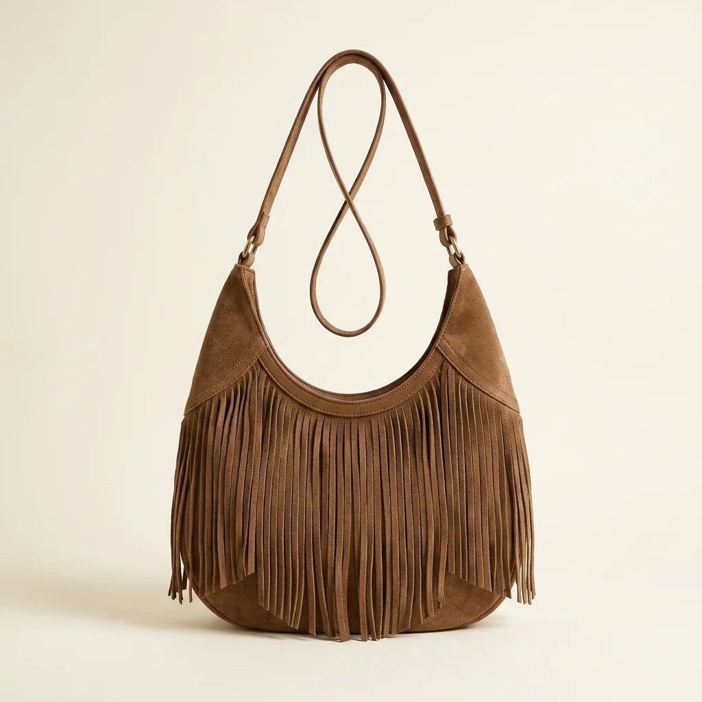 Brown dark brown suede fringe bag, front view