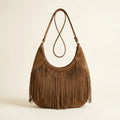 Brown dark brown suede fringe bag, front view