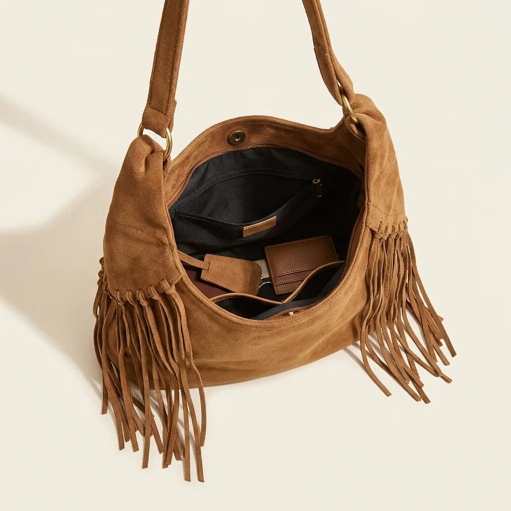 Interior lining and pockets of Brown dark brown suede fringe bag