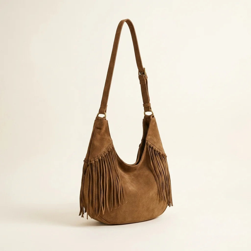 Brown dark brown suede fringe bag, three-quarter angle showing side depth