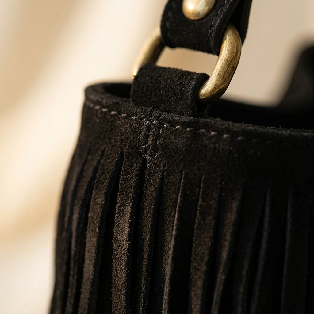 Close-up of fringe stitching and texture on Black designer black fringe bag