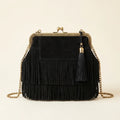 Black designer black fringe bag, front view