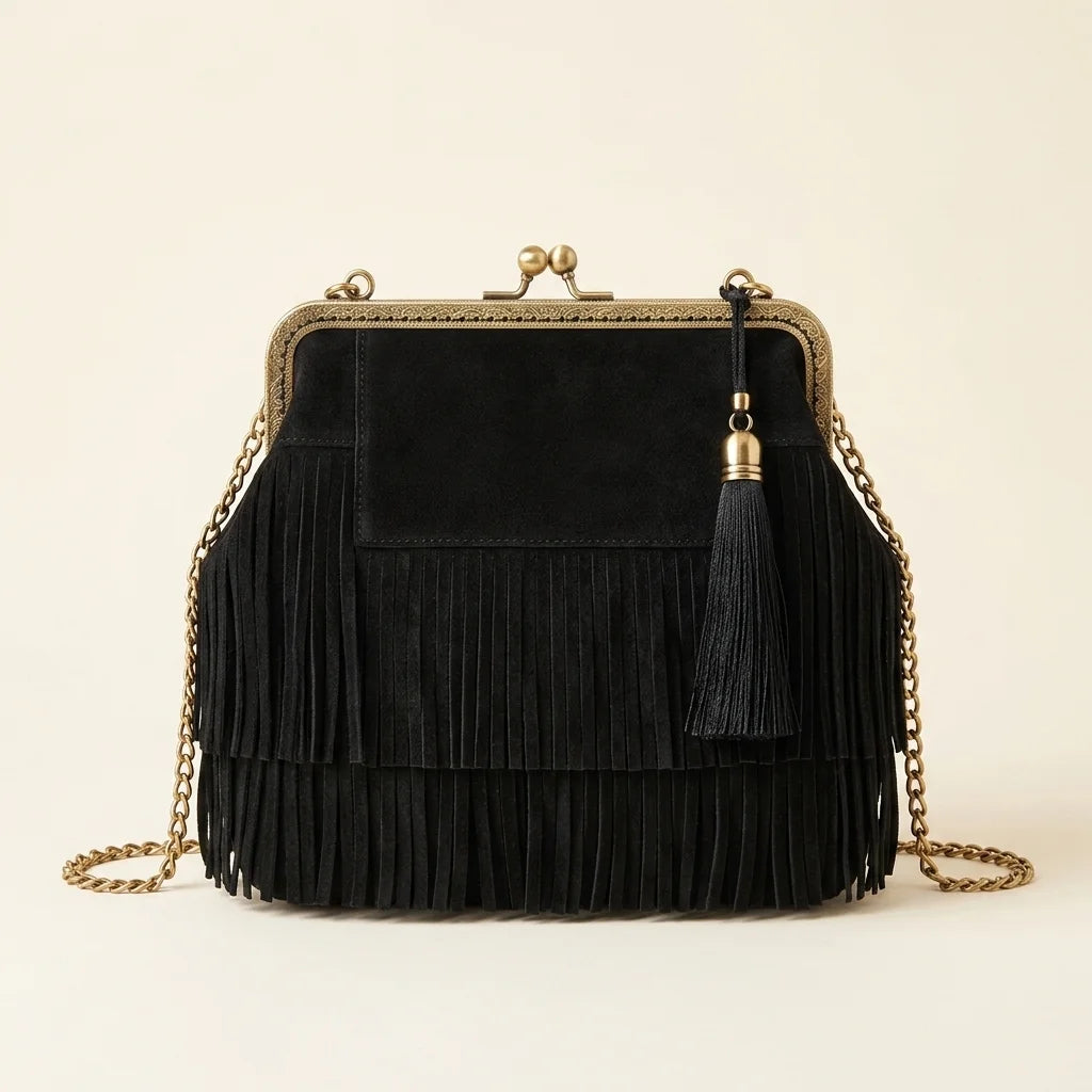 Black designer black fringe bag, front view