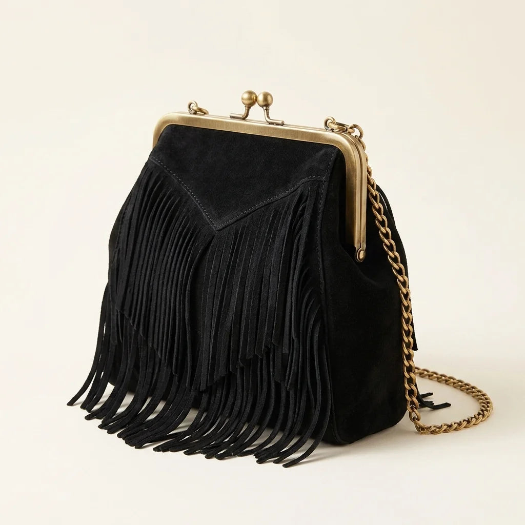 Black designer black fringe bag, three-quarter angle showing side depth