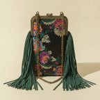 Back panel of Floral designer boho fringe bag with strap attachments