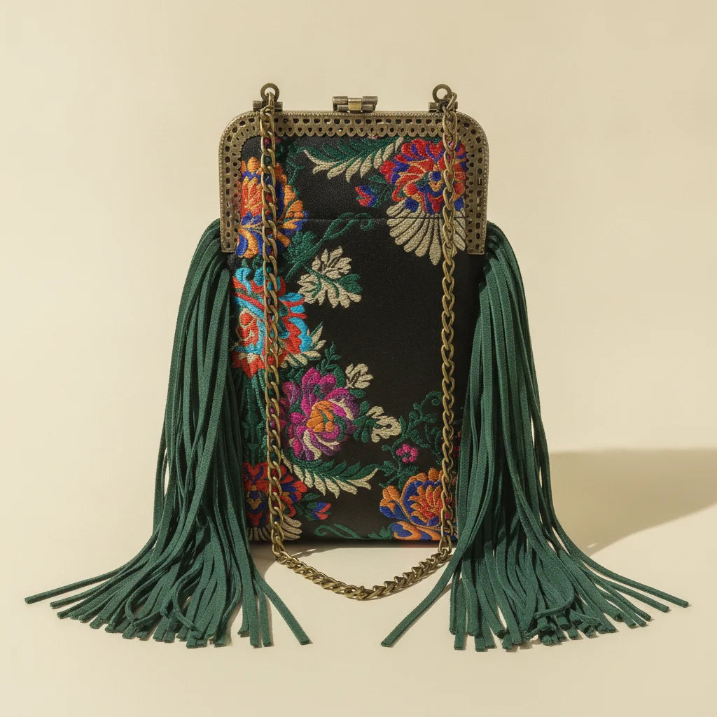 Back panel of Floral designer boho fringe bag with strap attachments