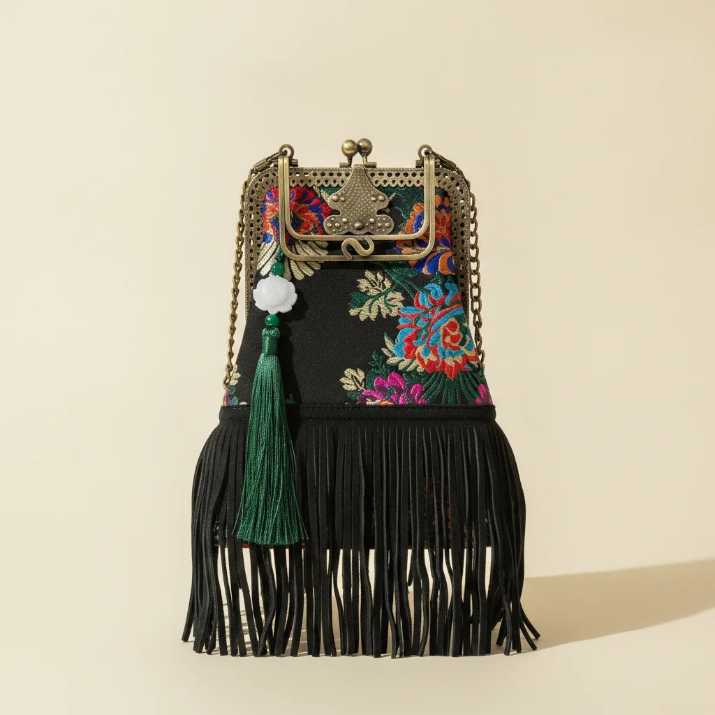 Floral designer boho fringe bag, front view