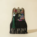 Floral designer boho fringe bag, front view