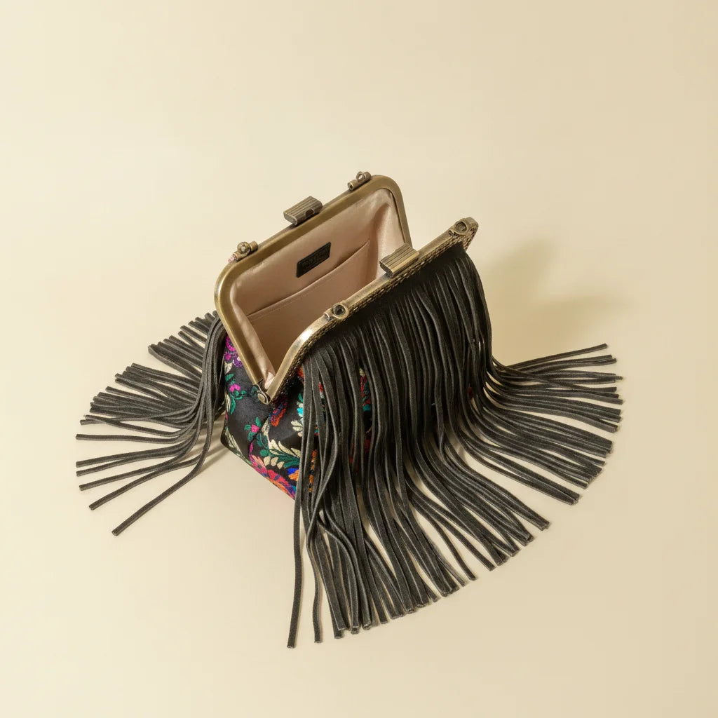 Interior lining and pockets of Floral designer boho fringe bag