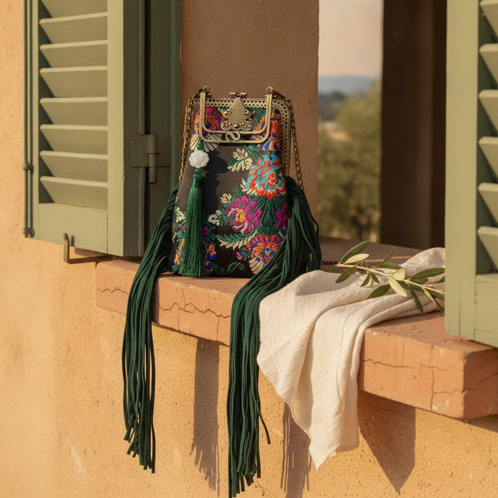 Floral designer boho fringe bag styled in a warm Mediterranean setting