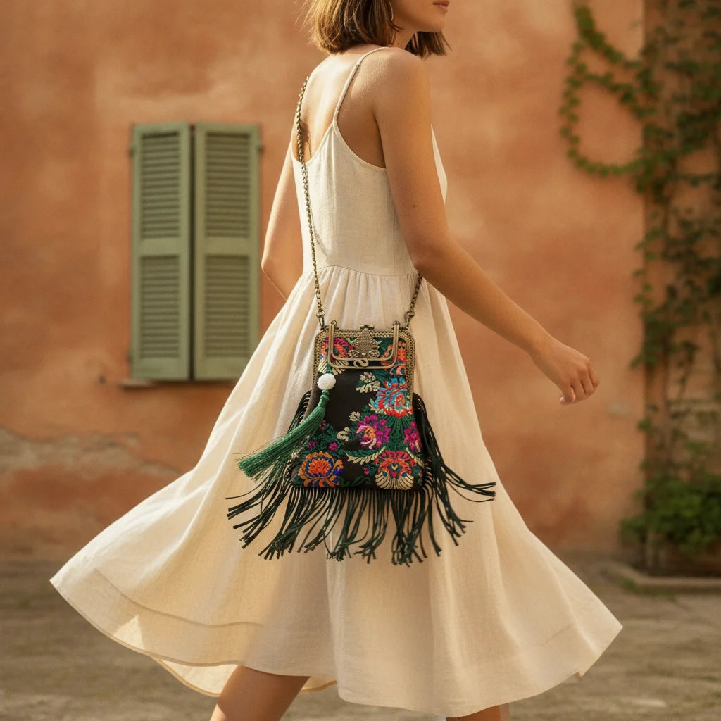 Woman wearing Floral designer boho fringe bag with swaying fringe
