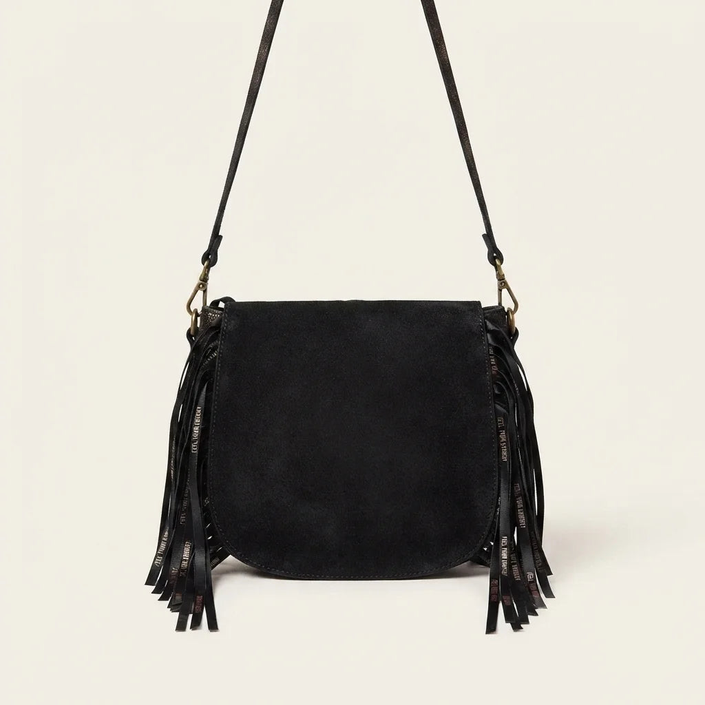 Back panel of Black designer fringe crossbody bag with strap attachments
