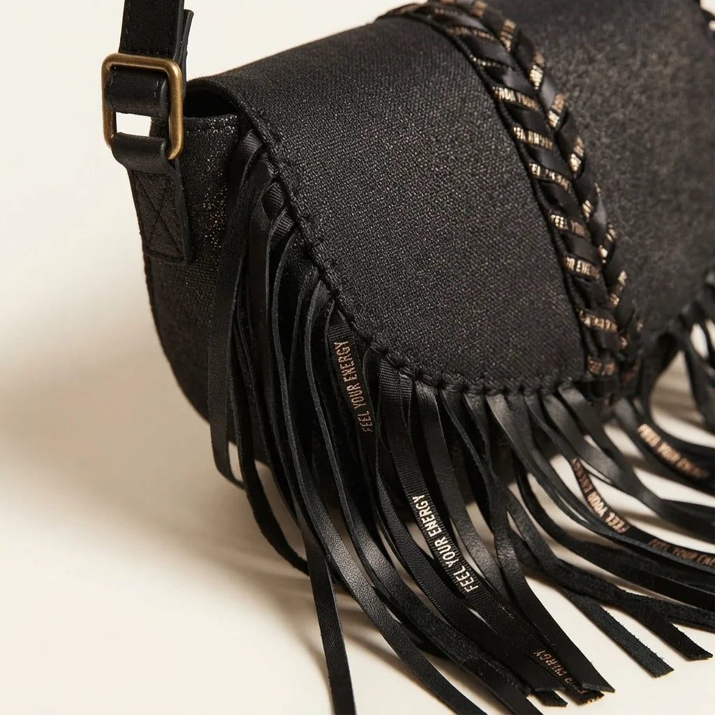 Close-up of fringe stitching and texture on Black designer fringe crossbody bag