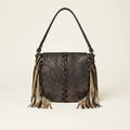 Black designer fringe crossbody bag, front view