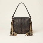 Black designer fringe crossbody bag, front view