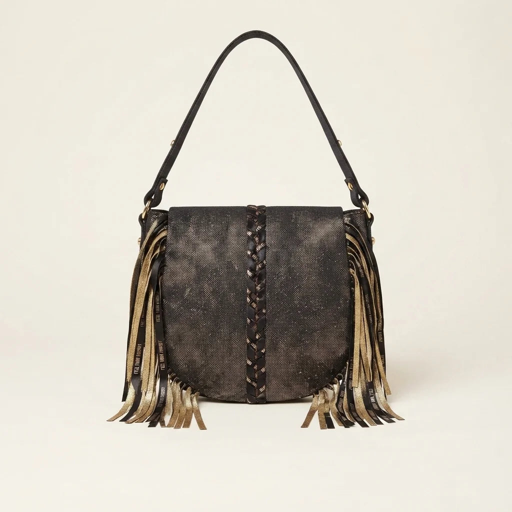 Black designer fringe crossbody bag, front view