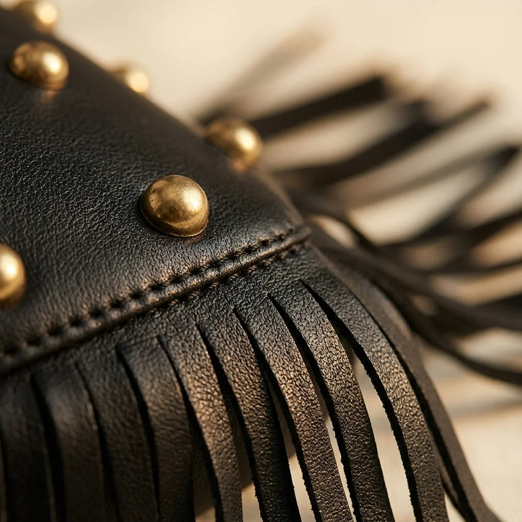 Close-up of fringe stitching and texture on Black faux leather fringe hobo bag