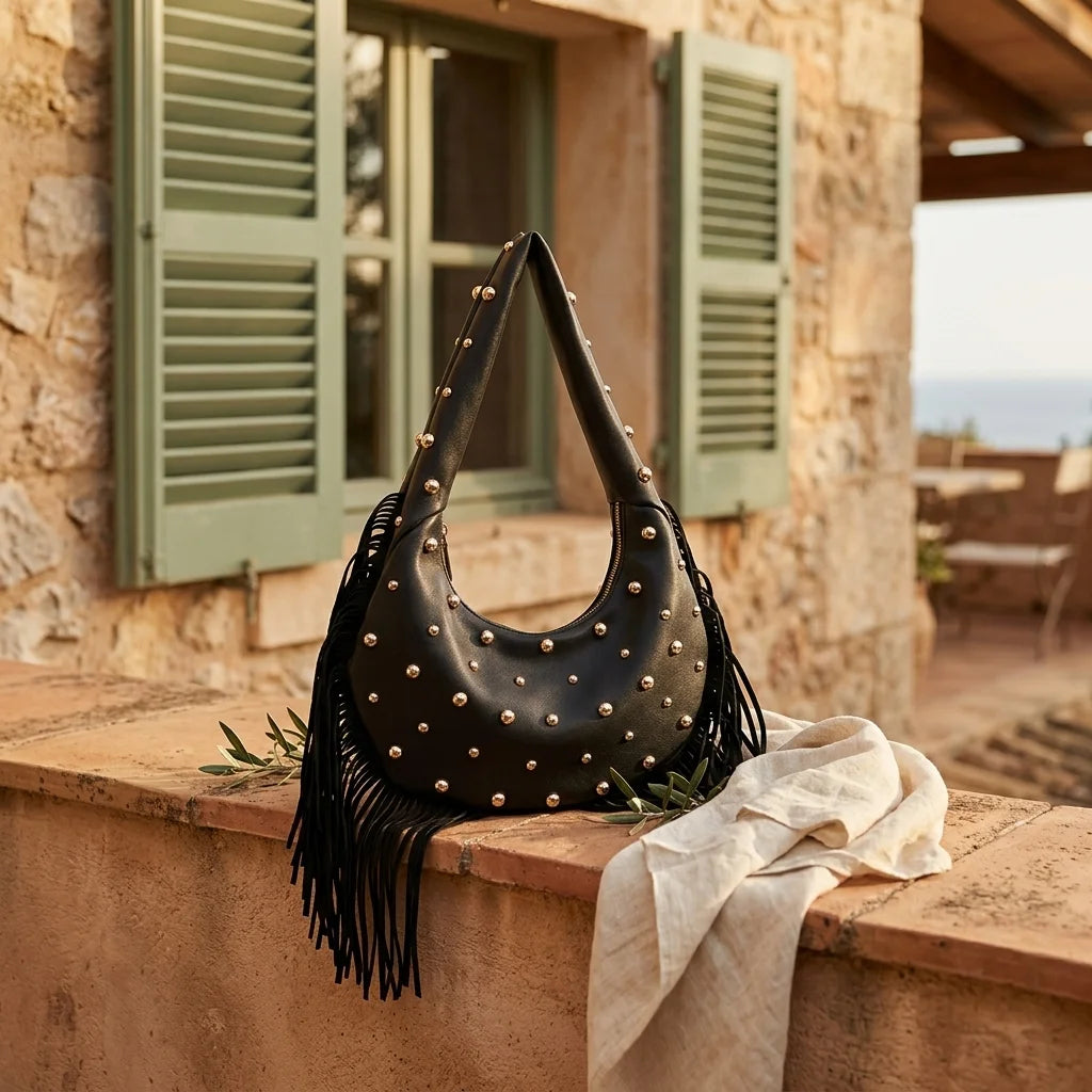 Black faux leather fringe hobo bag styled in a warm Mediterranean setting