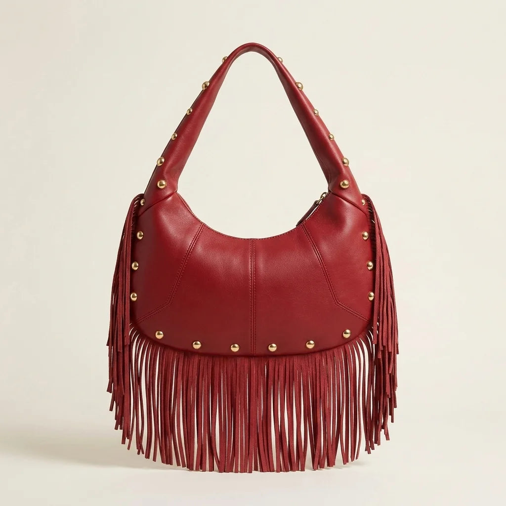 Back panel of Wine Red faux leather fringe hobo bag with strap attachments