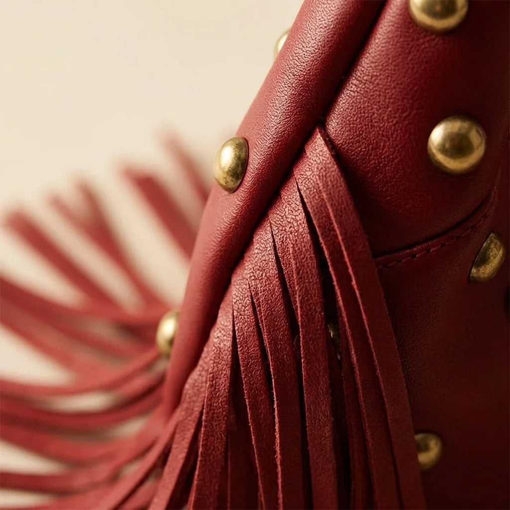 Close-up of fringe stitching and texture on Wine Red faux leather fringe hobo bag