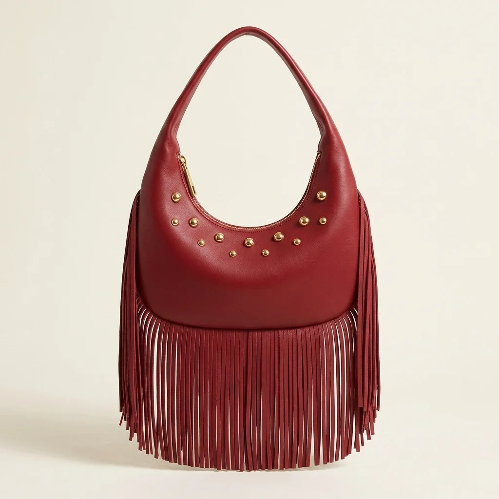 Wine Red faux leather fringe hobo bag, front view