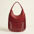 Wine Red faux leather fringe hobo bag, front view