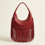 Wine Red faux leather fringe hobo bag, front view