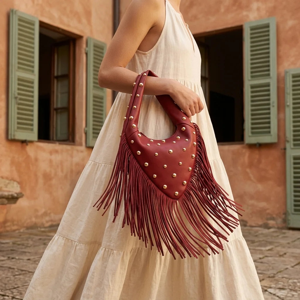 Woman wearing Wine Red faux leather fringe hobo bag with swaying fringe