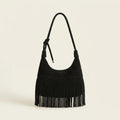 Black faux suede fringe bag, front view