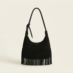 Black faux suede fringe bag, front view