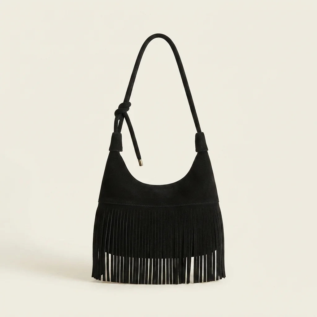 Black faux suede fringe bag, front view