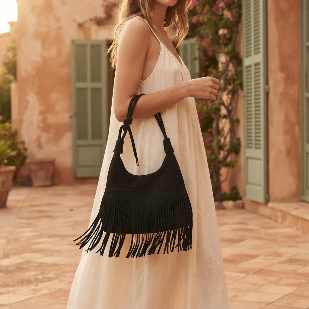 Woman wearing Black faux suede fringe bag with swaying fringe