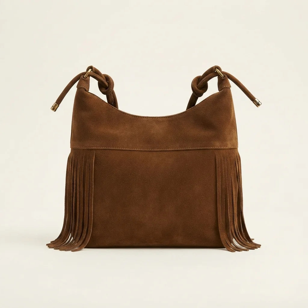 Back panel of Brown faux suede fringe bag with strap attachments